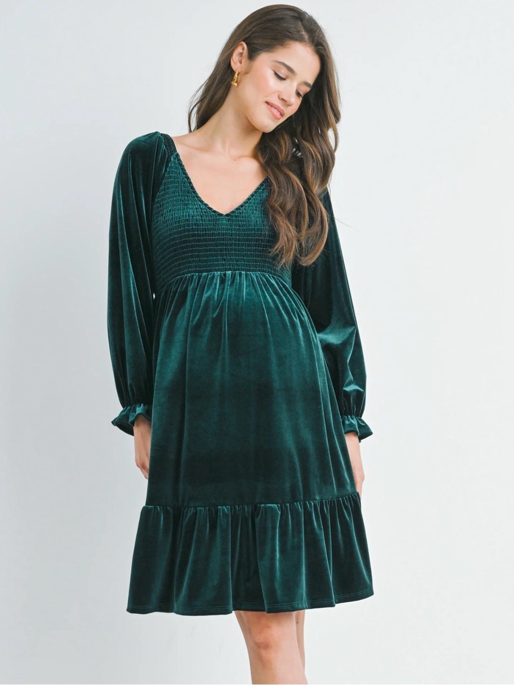 Hello Miz Emerald Velvet Smocked V Neck Long Sleeve Ruffle Maternity Dress Sz L